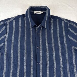 Vatpave Mens Blue Striped Textured Seersucker Short Sleeve Button Down Shirt L
